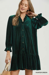 NEW Velvet Ruffle Collar Button Mini Dress