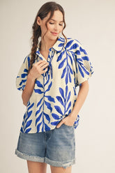 Women Short bubble sleeves leaf print blouse / Preorder ships May 15
