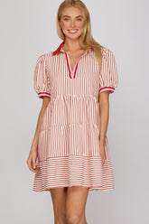WOMEN STRIPE TIRED MINI DRESS